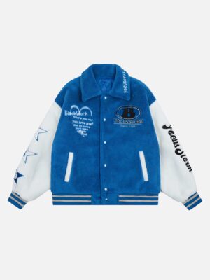 Hip-hop Loose Letters Embroidered Patch Faux Lambswool Jacket - 1590